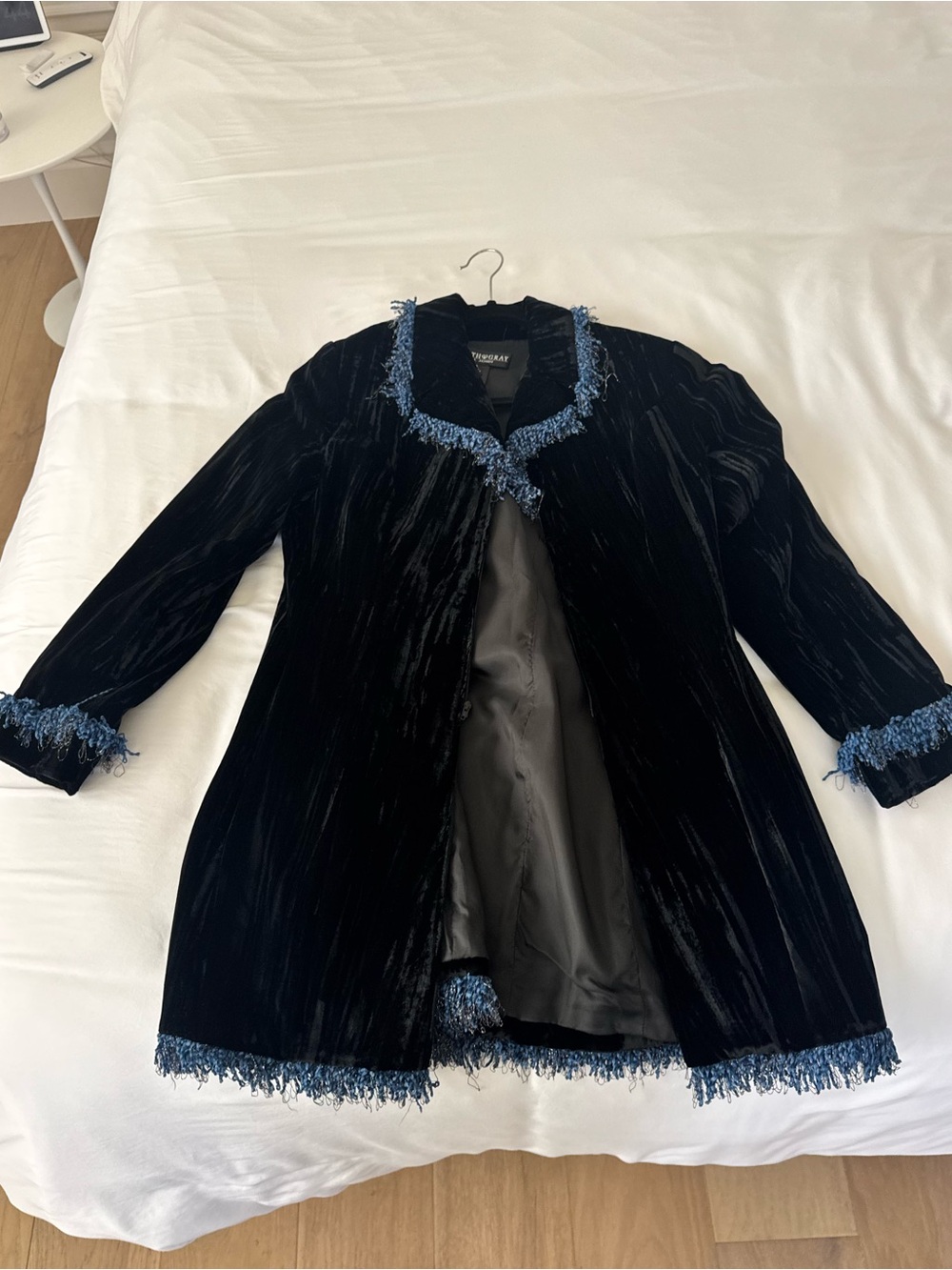 Griffith Gray St. John Black Velvet Coat with Blue Fringe Lining